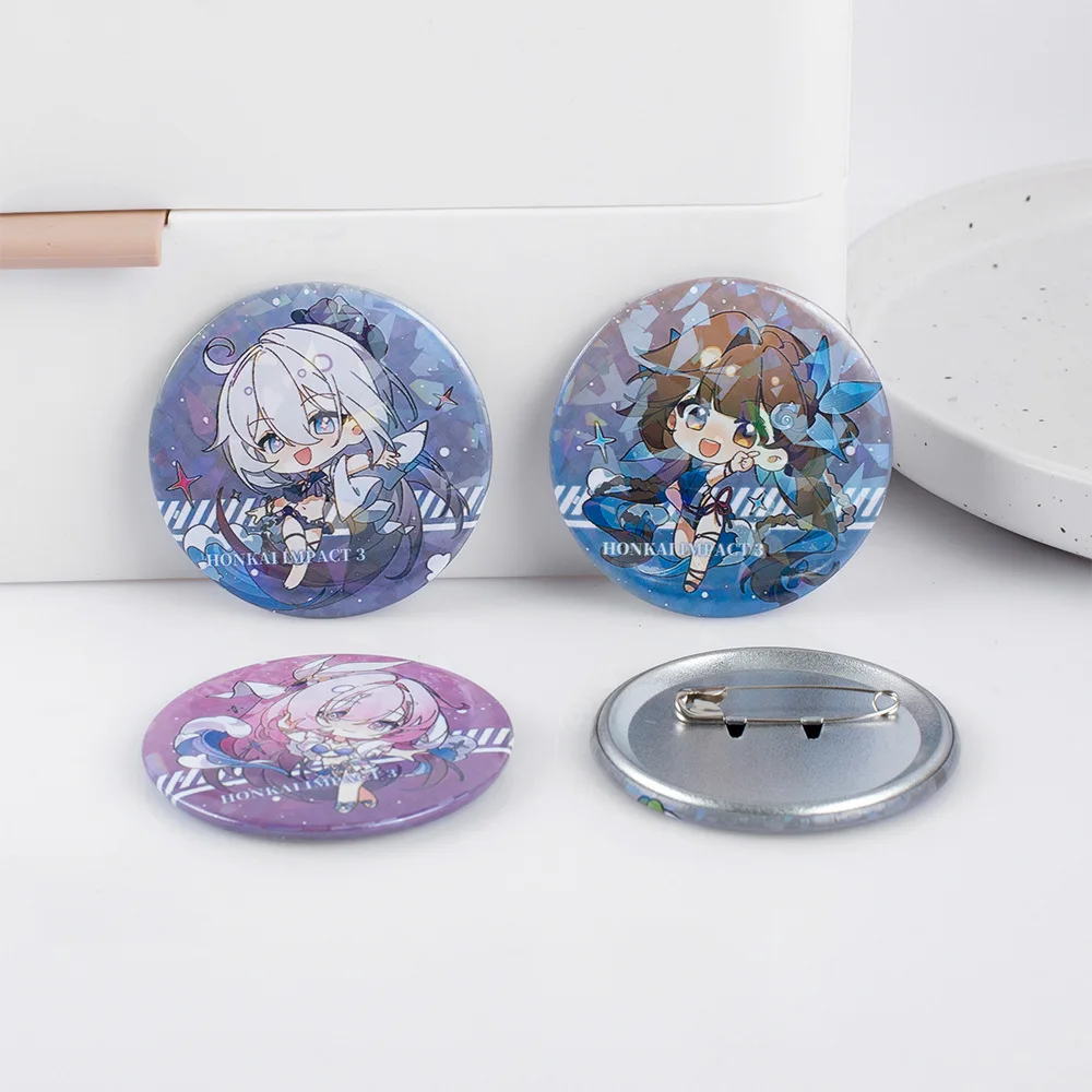 Honkai Impact 3 Anime Figures Elysia Raiden Mei Cosplay Metal Laser Badge Bronya Zaychik Character Cute Bag Decor Pins Xmas Gift