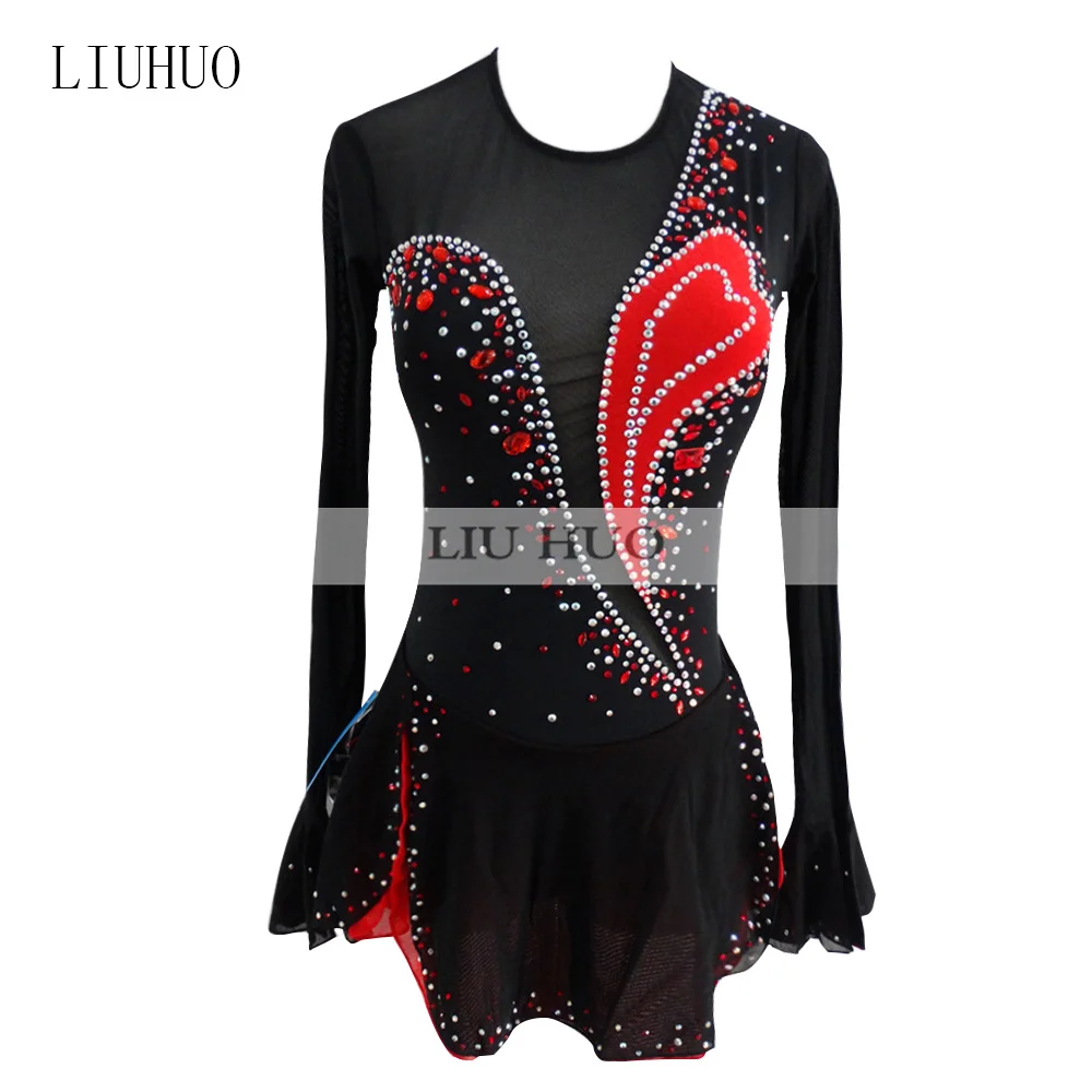 LIUHUO Figure Skating Dress Women's Girls' Ice Performance Gymnastics Competition Leotard Costume Dance Red Black Teens Skirt