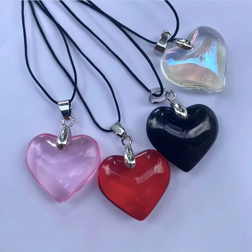 Adjustable Long Velvet Chain Crystal Glass Puffy Heart Pendant Necklace Y2K Grunge Aesthetic Punk Style Necklace for Women Egirl