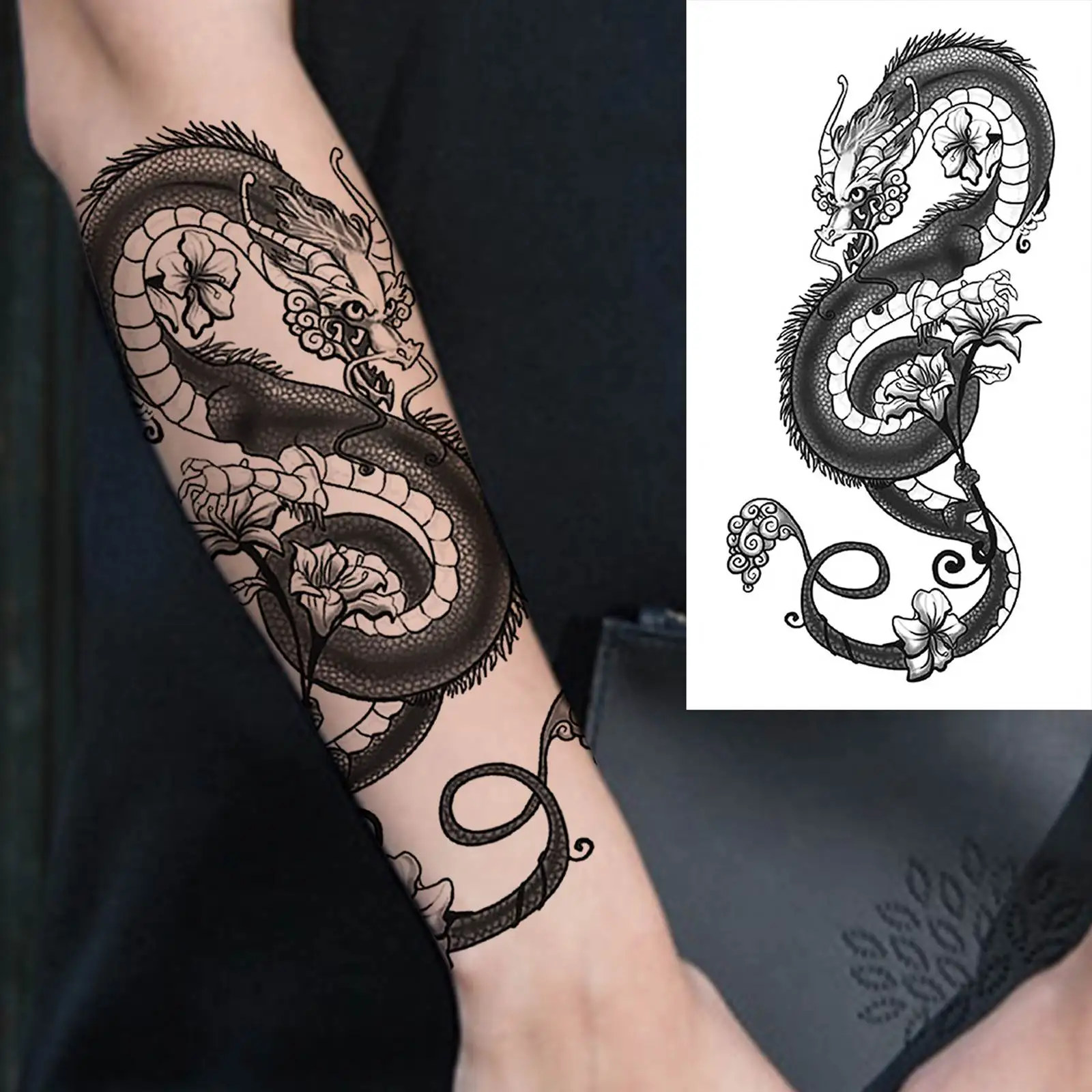 1 Sheets Dragon Temporary Tattoos For Men Women Adults Leg Arm Body Self Adhesive Fake Tattoo Sticker Transferable Realistic view 2