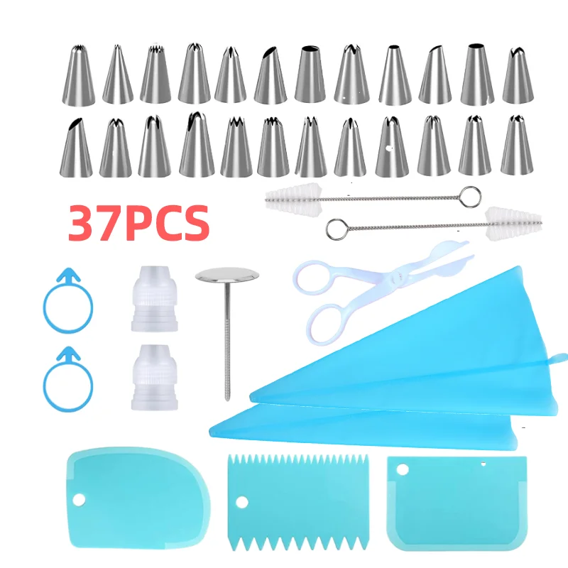 37PCS Piping Bags and Tips Set, Bake Cake Decorating Kit with  Stainless Steel Tips,  Reusable Silicone Pastry Bags,  Couplers