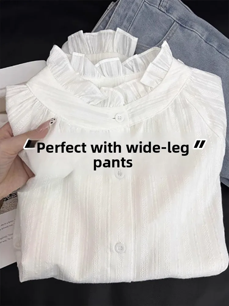 

Retro White Loose Women's Shirt Wood Grain Inner Wear Layered Slimming Top Spring Autumn Winter Casual Stylish Korean Style