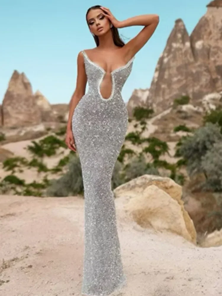 

2024 Women Celebrity Sexy Strapless Backless Diamonds Sequins Silver Maxi Long Gowns Dress Elegant Evening Party Club Vestido