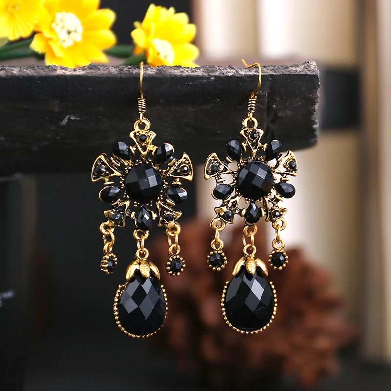 Black Ethnic Style Geometric Dangle Earrings for Women Retro Boho Long Acrylic Water Drop Earrings Female Jewelry