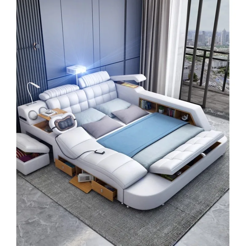 Multifunctional Smart Bed Electric Lift Adjustable Leather Modern Minimalist Massage Tatami Master Bedroom Queen Size Double Bed