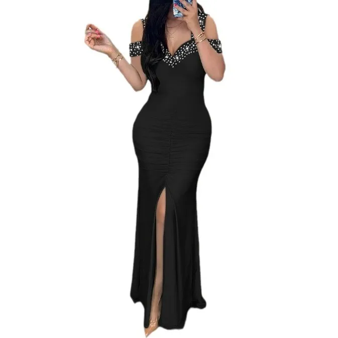 Elegant Party For Weddings Dress Off Shoulder High Waist Slit Dresses Long Ruched Waist Maxi Dress for Wedding Guest Women