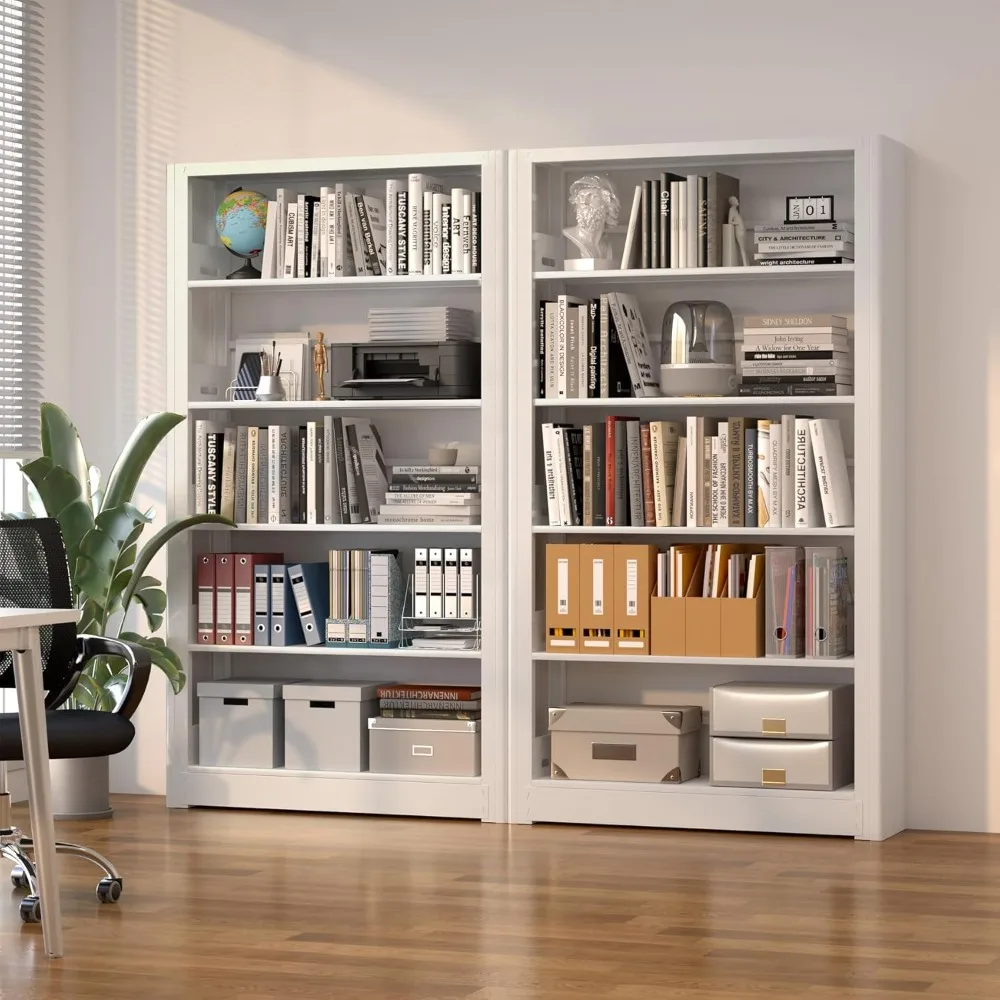 رف كتب من 5 طبقات، رف كتب أبيض مع أرفف تخزين قابلة للتعديل، رف كتب معدني، خزانة كتب بطول 69 بوصة لغرفة المعيشة، المكتبة، #5