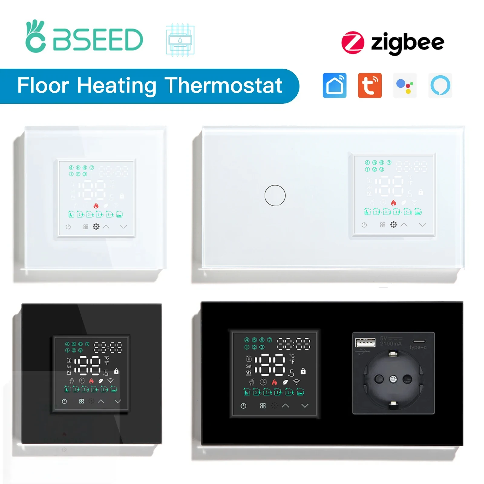 BSEED Smart Zigbee Thermostat with EU Socket Water Warm Floor Heating Temperature Controller Tuya Google Zigbee Switches USB