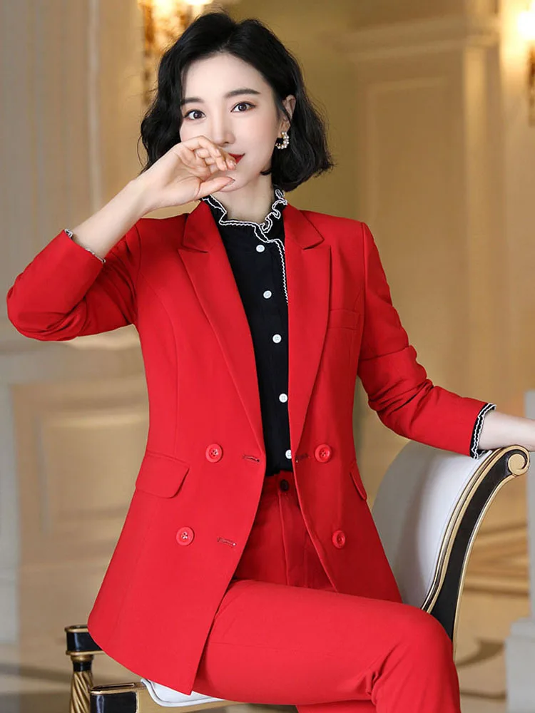 Two Pieces Set Size  Formal Work Career Blazer Coat With Pant Set Suit Red Dark Blue Black Women Pant Suit