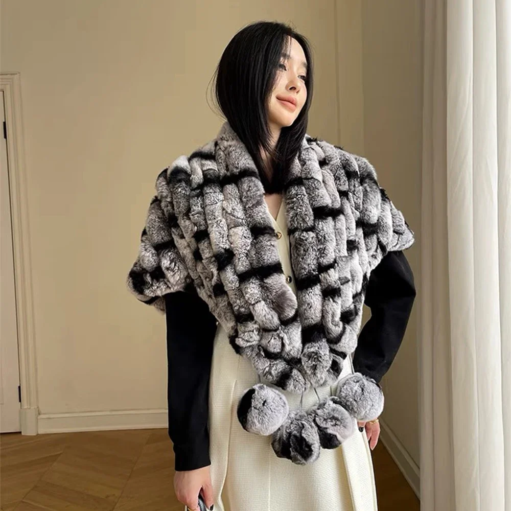 Women 2024 winter fashion fur poncho real rex rabbit fur hand knit shawls thick warm fashionable fur ponchos