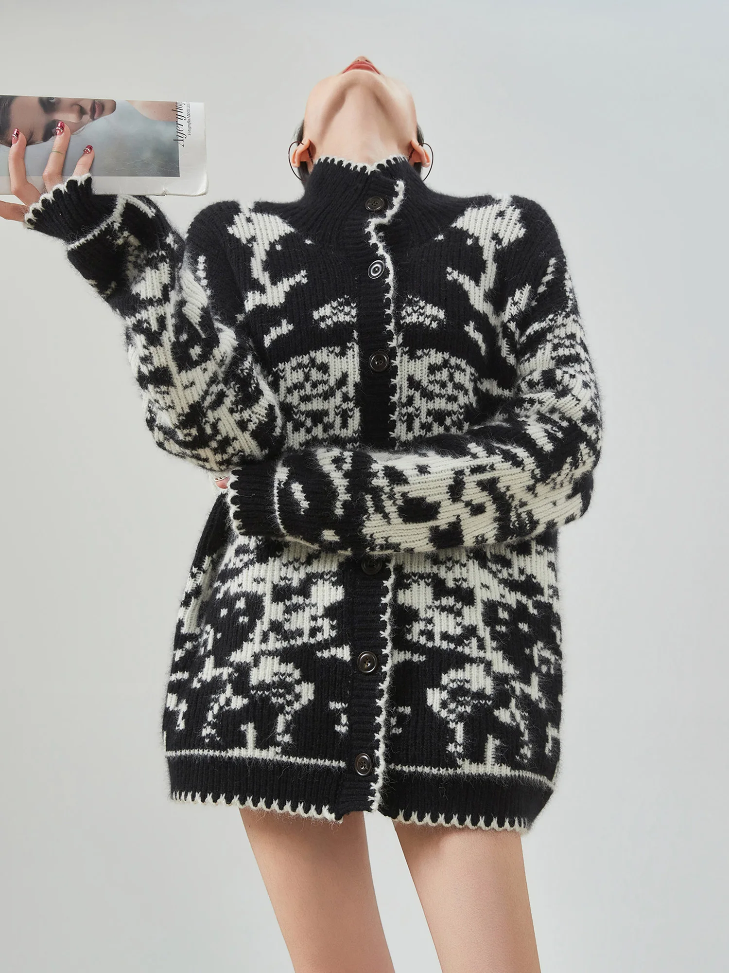 

Bla Heavyweight Knitted Open Cardigan Women's Early Spring Loose Lazy Fluffy Stand Collar Sweater Jaet Polyester Fiber