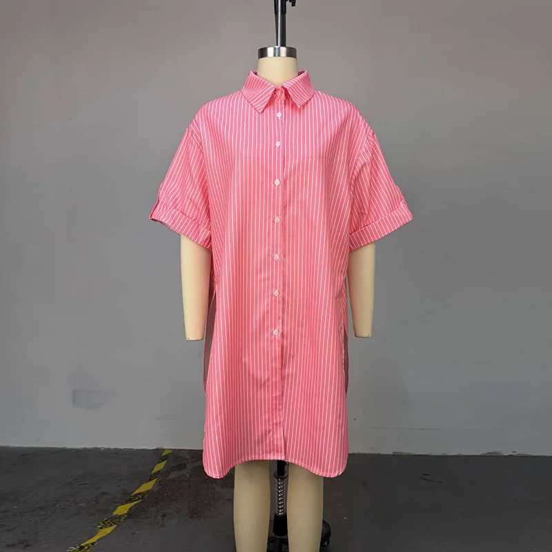 슬레르기리 여성용 스트라이프 반팔 버튼다운 셔츠 탑 봄 여름 한국 패션 사이드 슬릿 여성 캐주얼 롱 블라우스