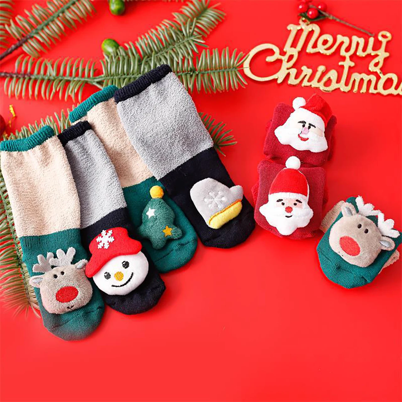 Children Christmas Socks Coral Fleece Warm Long Stockings Winter Baby Plush Sock Cute Elk Snowman Santa Claus Sock Footwear 0-1Y