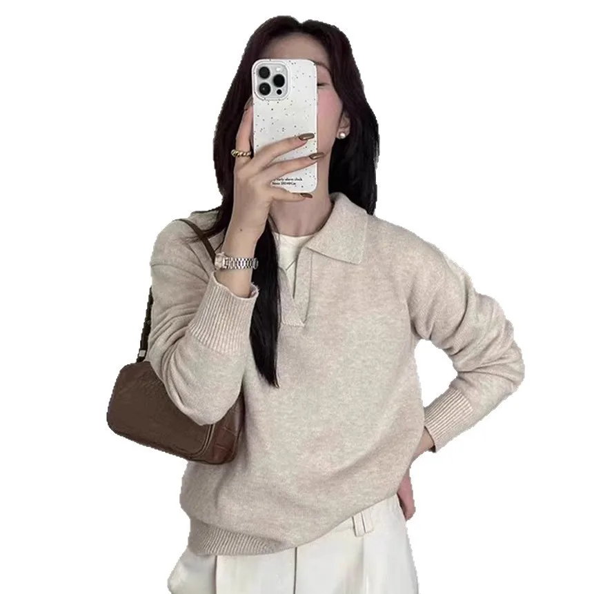 سترة بياقة للنساء لخريف وشتاء 2025 سترة كلاسيكية على طراز هونج كونج على طراز كسول سترة محبوكة غير رسمية للنساء #5