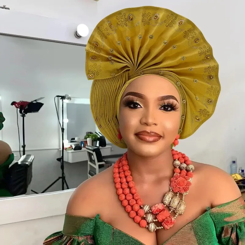 

Головной убор Gele, готовые африканские повязки на голову для женщин, тюрбан Femme Gelee, нигерийский капот Aso Oke, женский головной убор с бриллиантами 2025