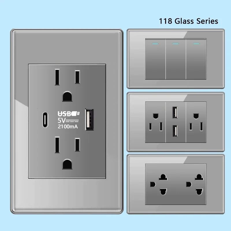 Tomada de energia usb tipo c de vidro temperado cinza padrão americano, eua méxico thai tomada usb dupla parede painel de interruptor de luz de 2