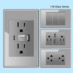 Prise de courant double USB Type-C standard américain, panneau d'interrupteur mural, États-Unis, Mexique, Thaïlande, verre du Guatemala, gris, 2 voies