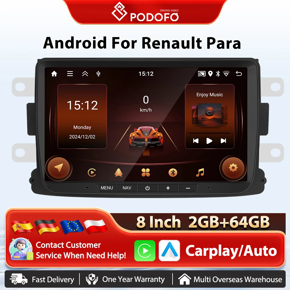 Podofo 8 ''2 + 64G autoradio Carplay Mirrorlink GPS Navigation voiture lecteur multimédia WIFI FM/RDS Radio pour Renault Para