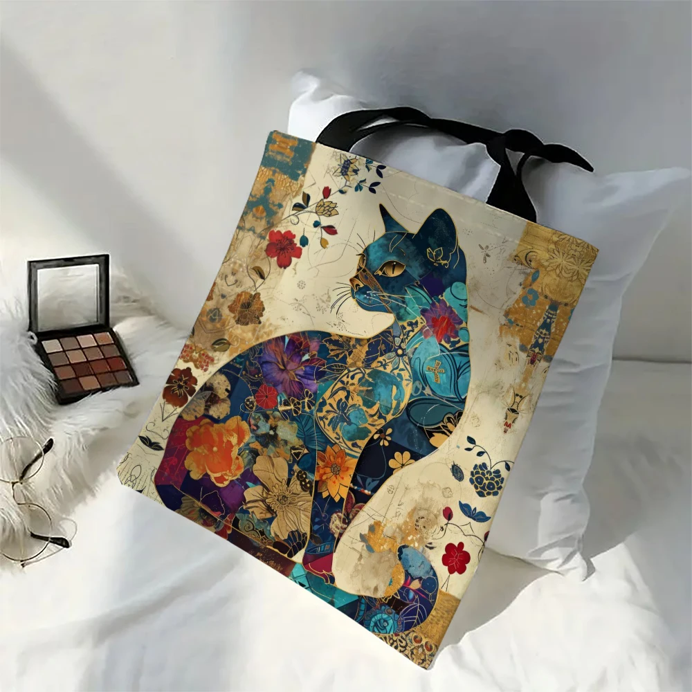 Bolso de mano con estampado de gato y flores étnicas, bolso de hombro escolar de lona estética, bolso de compras ligero para comestibles