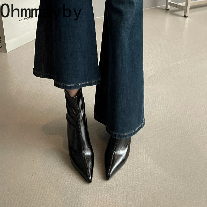 الخريف الشتاء خمر Weges كعب النساء حذاء من الجلد موضة أشار تو متجرد الأحذية الإناث الجلود الناعمة ضئيلة الجوارب القصيرة