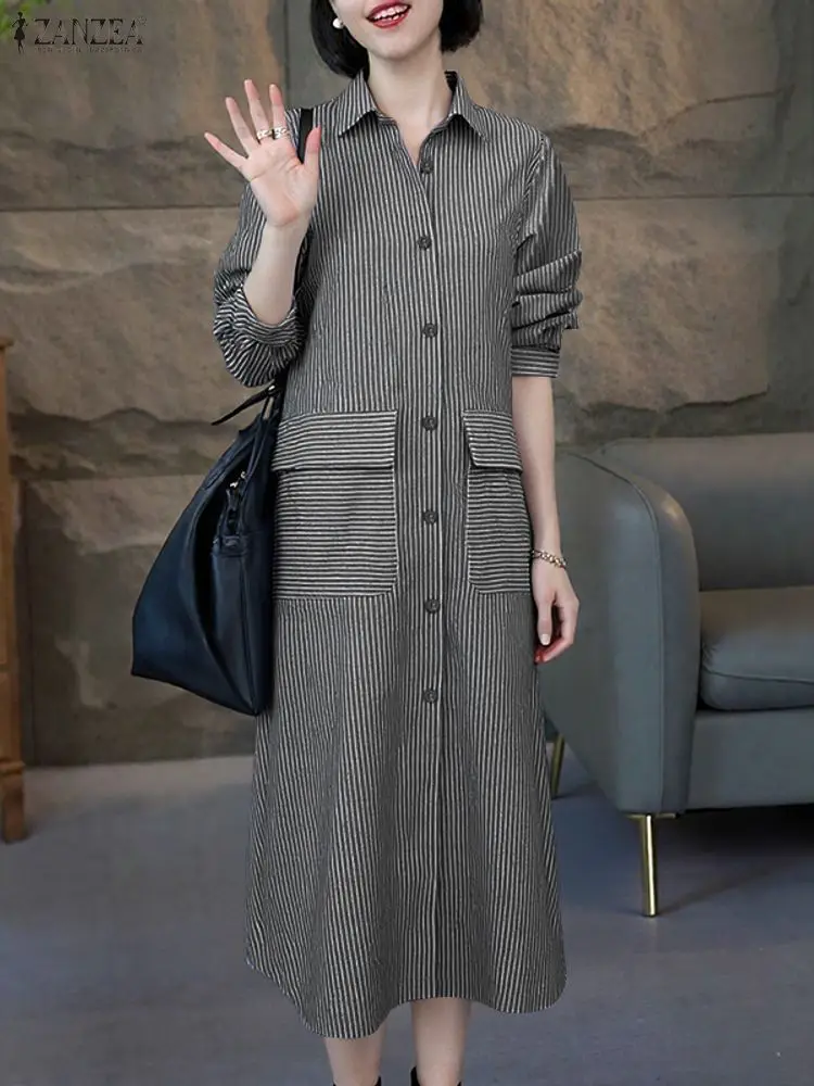 

ZANZEA модные женские полосатые длинные платья-рубашки повседневные с длинными рукавами и карманами с принтом вечерние платья осенний халат с лацканами плюс размер 5XL