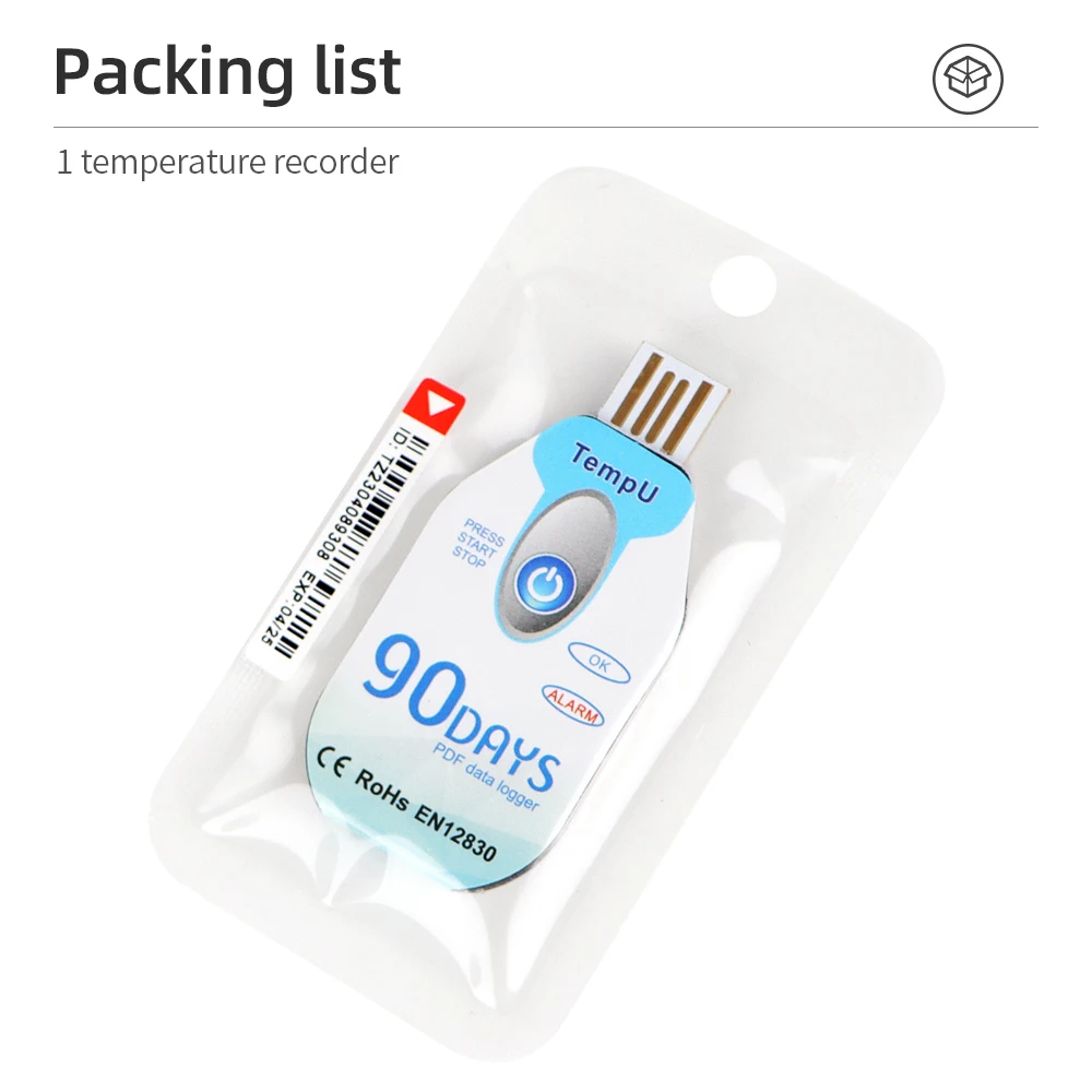 USB Temperature Data Logger Disposable PDF Report USB Port 10000 Points Temperature Recorder 90 Days Cold Chain Use
