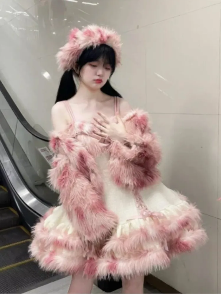 Sweet fluffy fur short coat pink dress two-piece suit