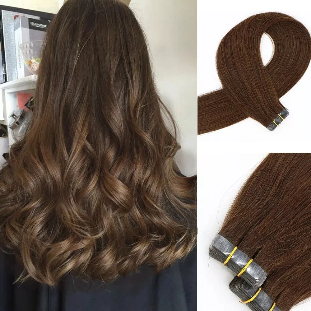 

Средний коричневый оттенок # Наращивание волос на лентах: 4 прямые ленты из бразильских волос, бесшовные, с полиуретановой основой, для женщин