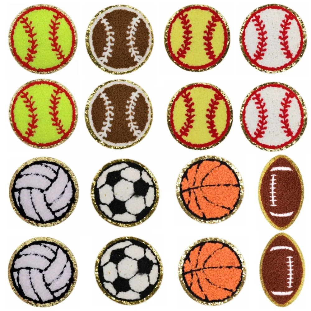 5PCS Balls Game Clothing Iron on Patches Chenille Embroidered Apparel Repair Patches Gold Edged Baseball Basketball