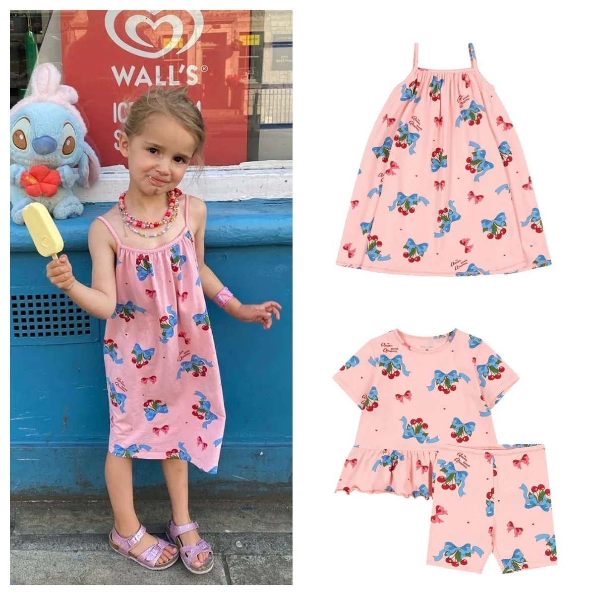 New Children Clothes Set 2025  Summer Girls Floral Tops Shorts Set Girl Heart Print Slip Dress Kids Short Sleeved Vacation Suit