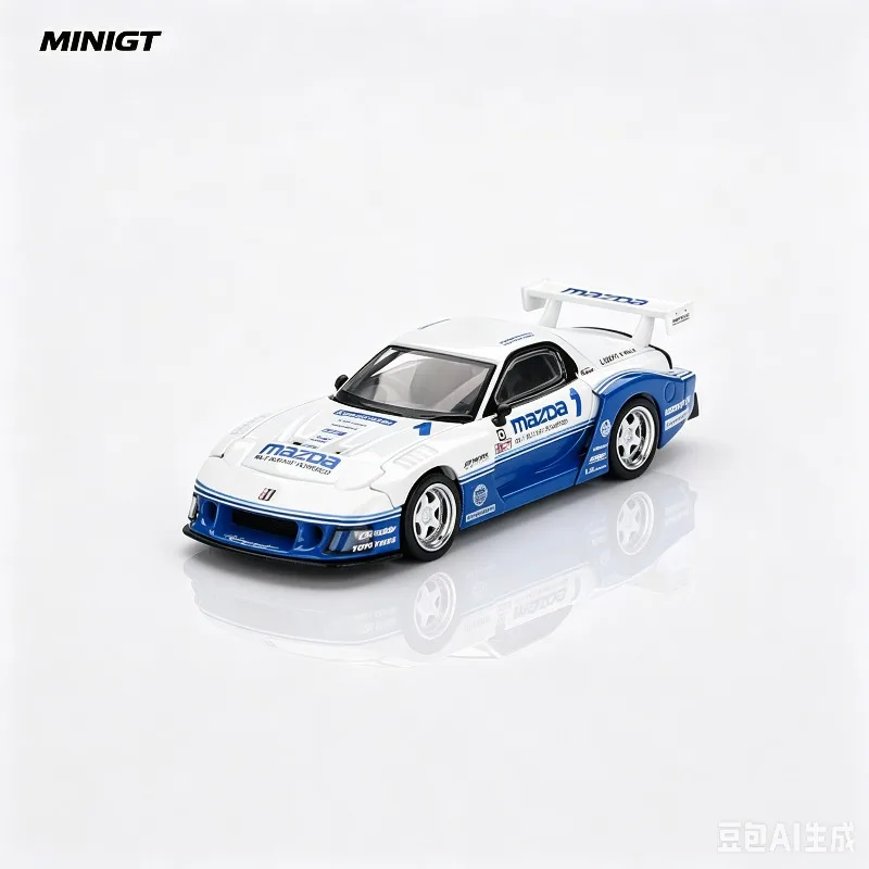 ミニgt-1-64--1011-マツダ-rx7-青と白の合金車モデル、シミュレーション静的デスクトップ装飾品、大人向けグッズ、男性向けおもちゃ。
