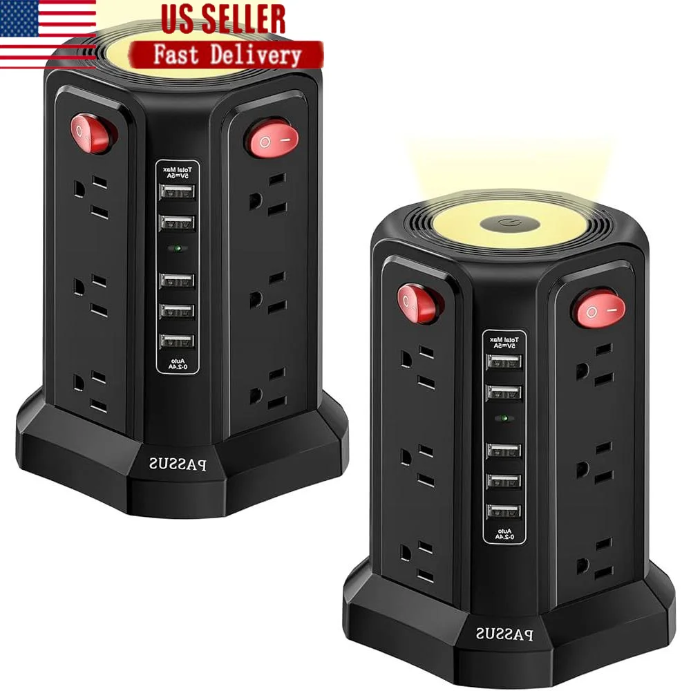 

Сетевой фильтр Tower с 12 розетками переменного тока, 5 USB-портами, удлинитель 10 футов, ночник, безопасная система зарядки