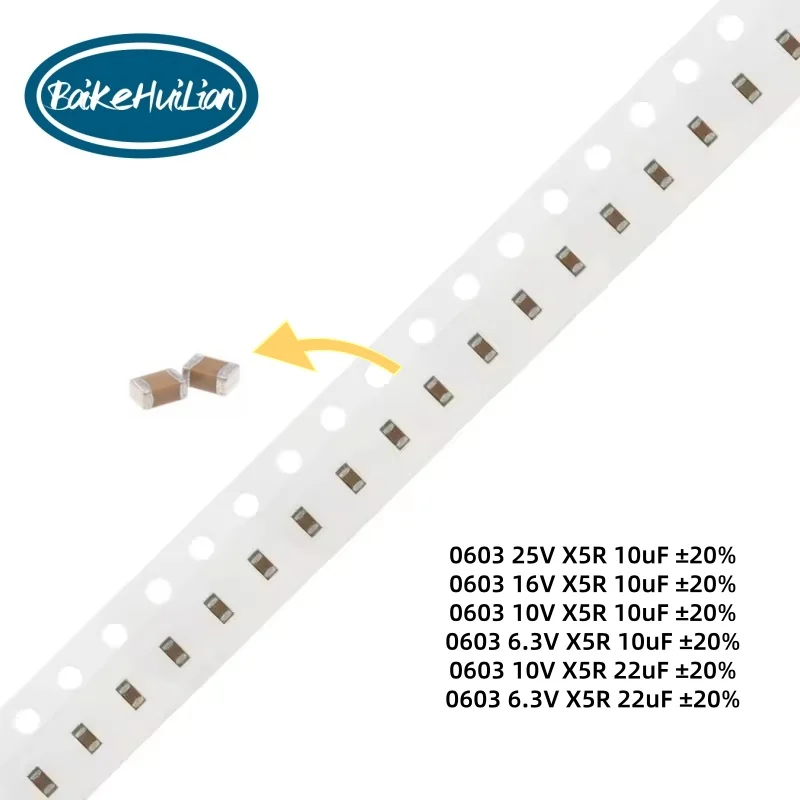 0603 SMT laminated ceramic capacitor X5R capacitance value 10uf/22uf withstand voltage 6.3V/10V/16V/25V accuracy 20%