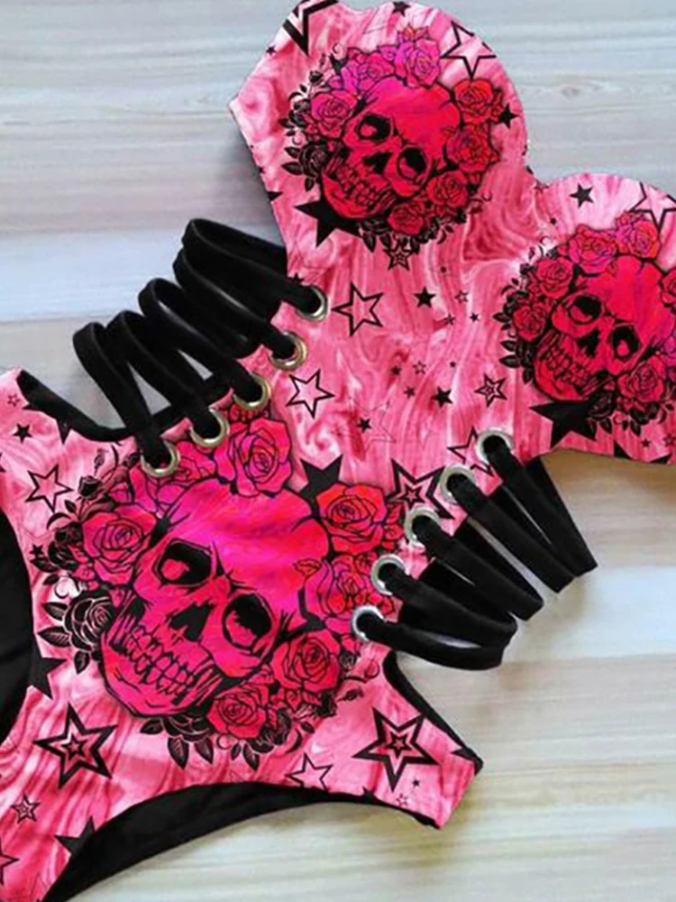 Plus Size Sexy Bikini  One Piece Swimsuit Hollow Out Skull Print Strapless Summer Closed Push Up Women\'s Swimming Bathing Suits