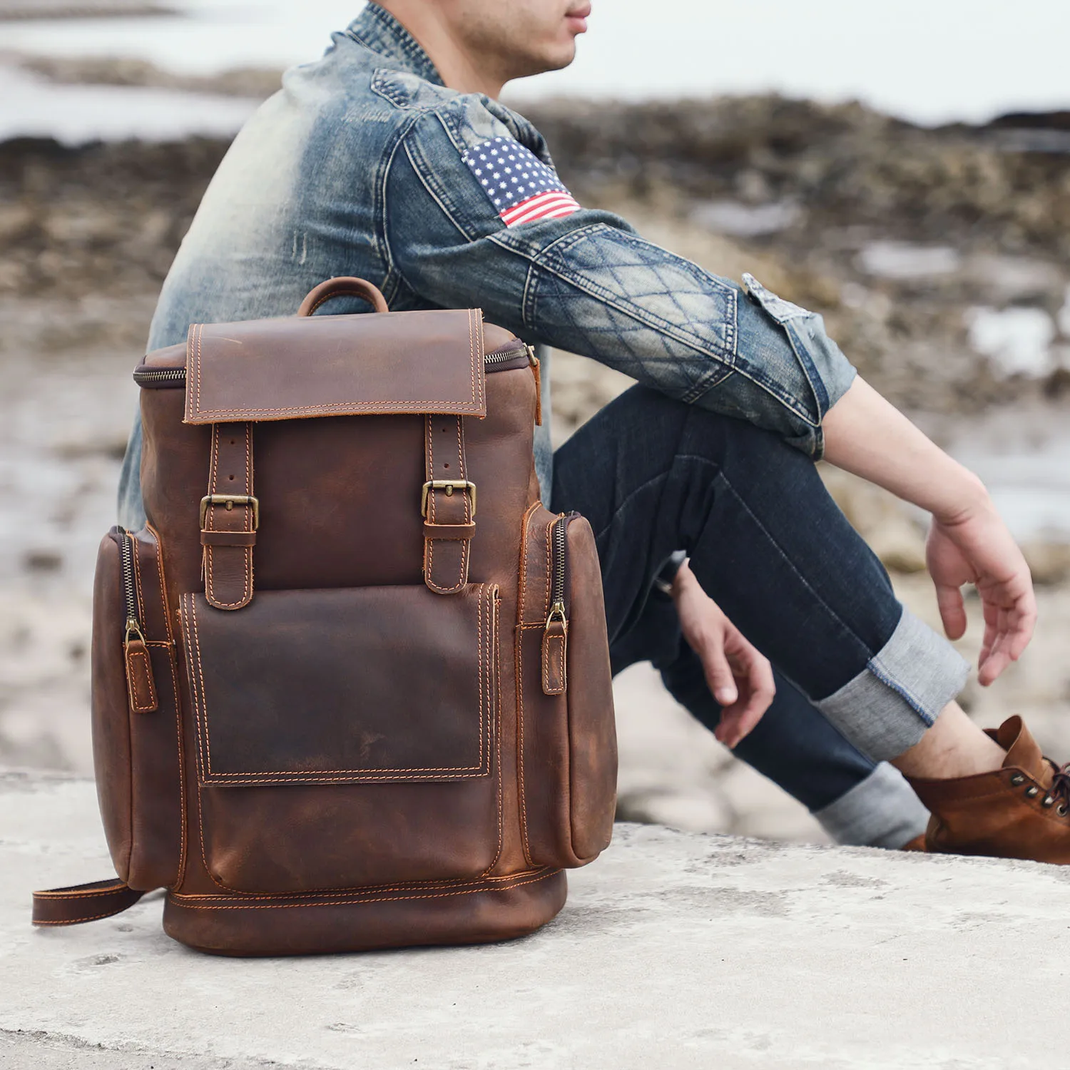 S.WORKER Vintage Echtleder-Rucksack Laptop-Tasche Casual Crazy-Horse-Leder Schultasche Outdoor-Reise-Weekender-Tasche – Detail 5
