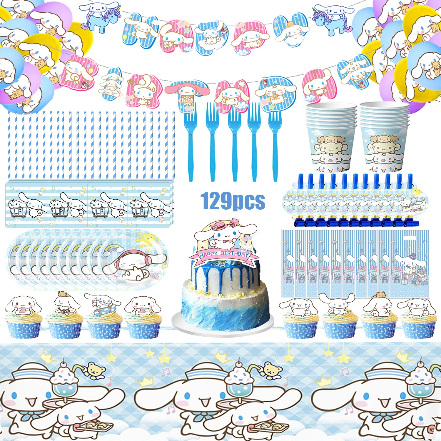 

Sanrio Cinnamoroll Birthday Party Supplies New Decorations Foil Balloons Blowouts Tableware Plate Napkin Baby Shower Supplie Toy