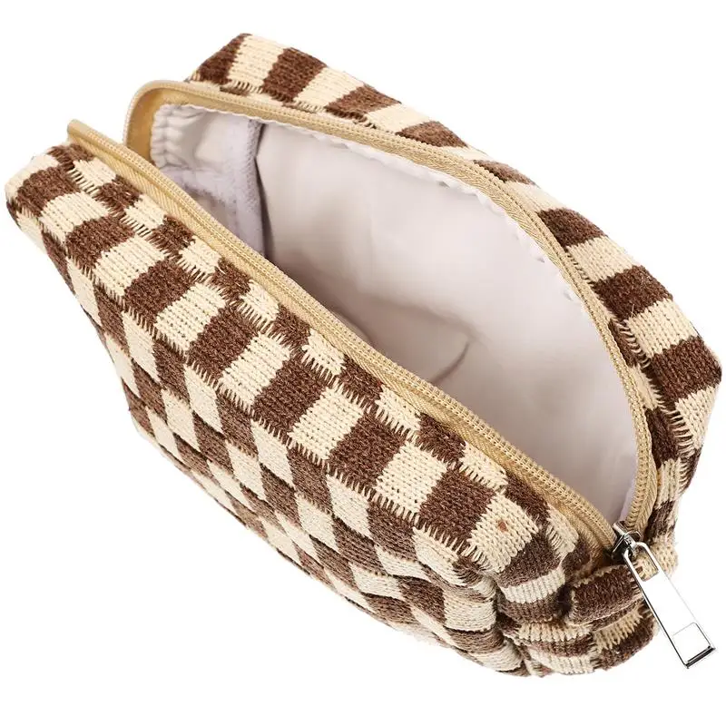 Checkered Quilting Woolen Yarn Makeup Bag Women Zipper Organizer Female Cloth Handbag Portable Toiletry Case For Girls Gift