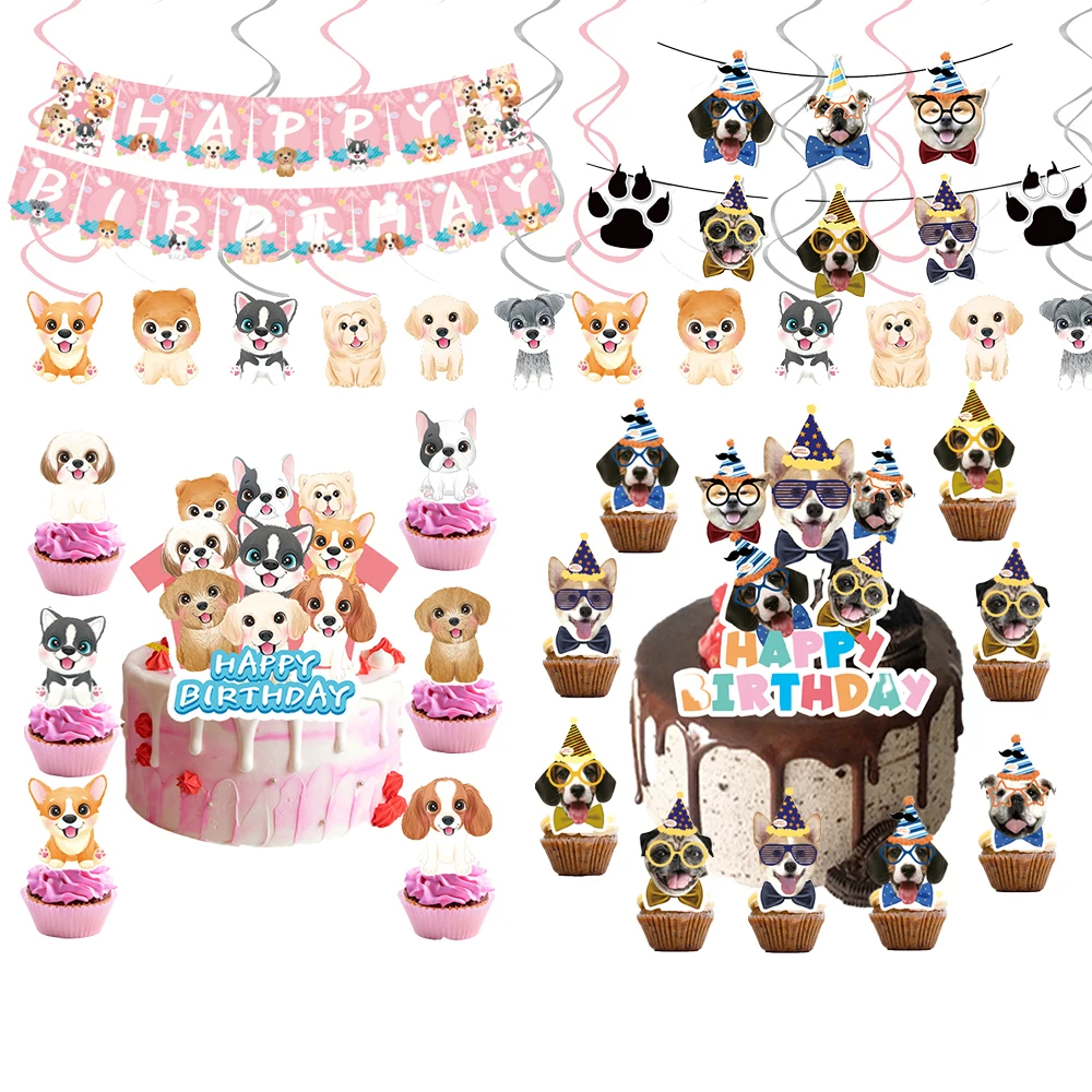 Dog Face Cupcake Toppers Dog Cake Topper Puppy Birthday Garland Pet Theme Party Cake Decorations Supplies