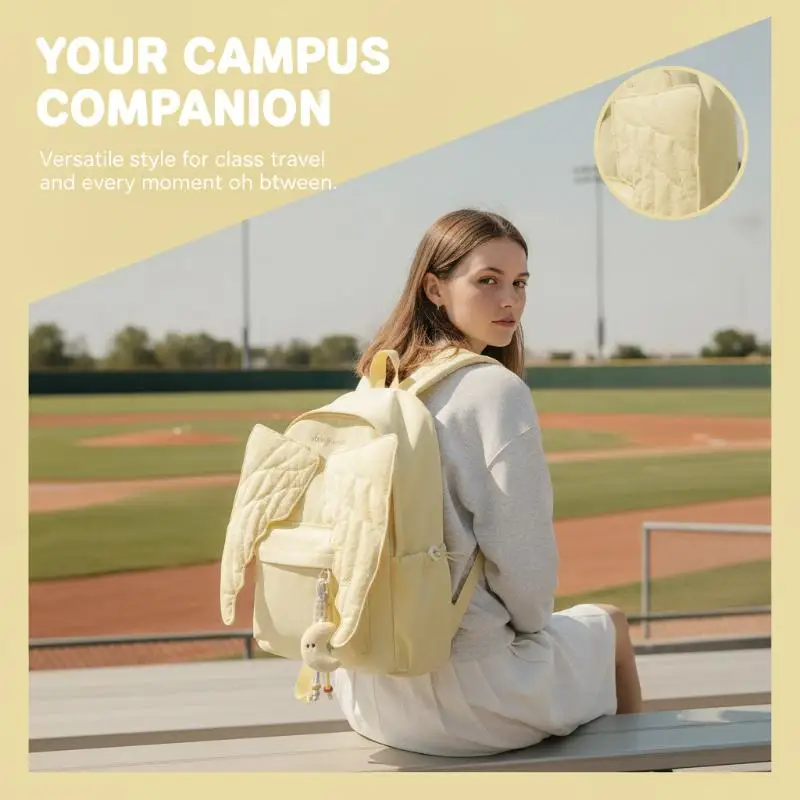Cute Angel Wing Backpack Large Capacity Quilted Bag Casual Sweet Daypack For Teen Girls Women School Travel Daily Use