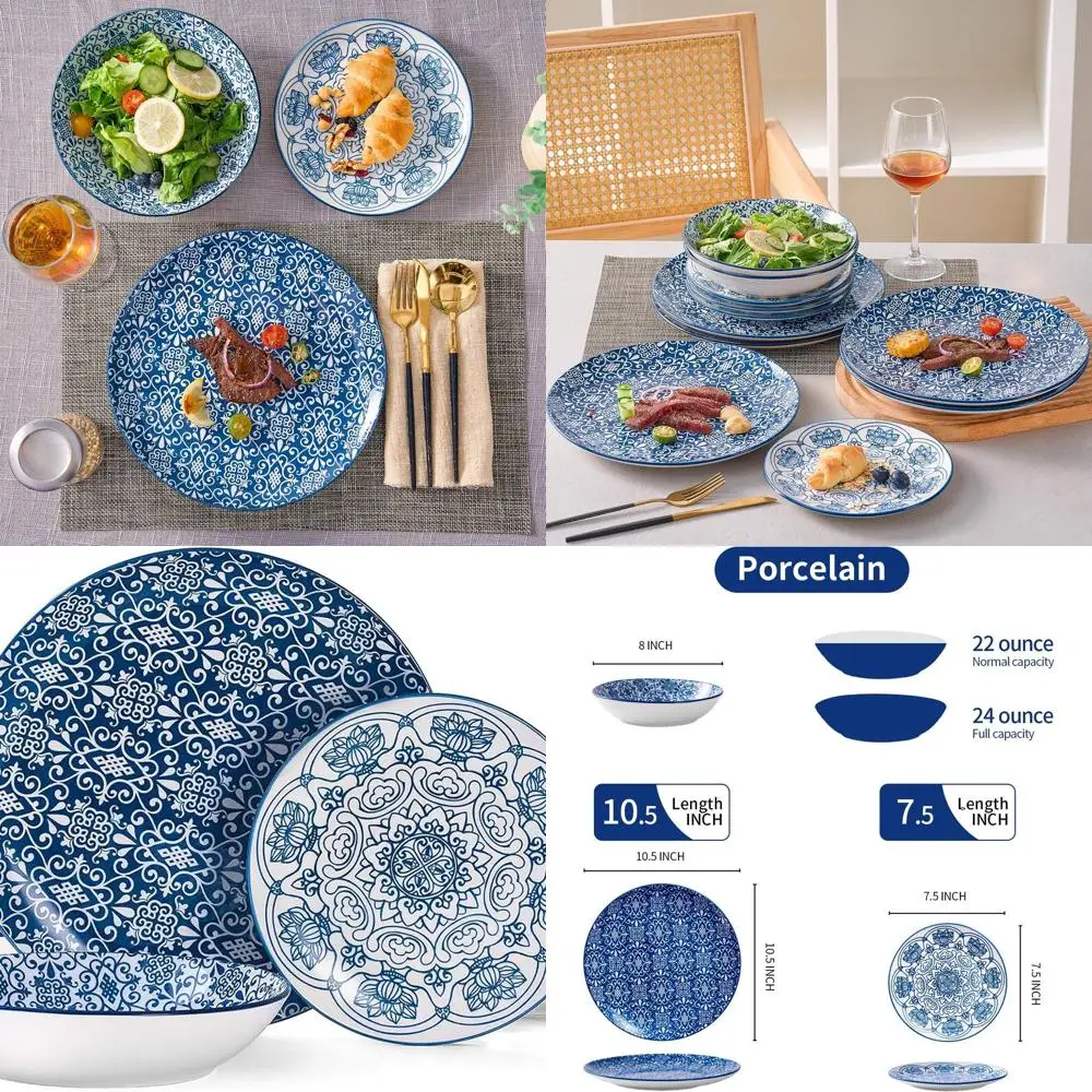 

Vintage Blue Handcrafted 12-Piece Porcelain Dinnerware Set for 4, Including Plates and Bowls, Microwave & Dishwasher Safe