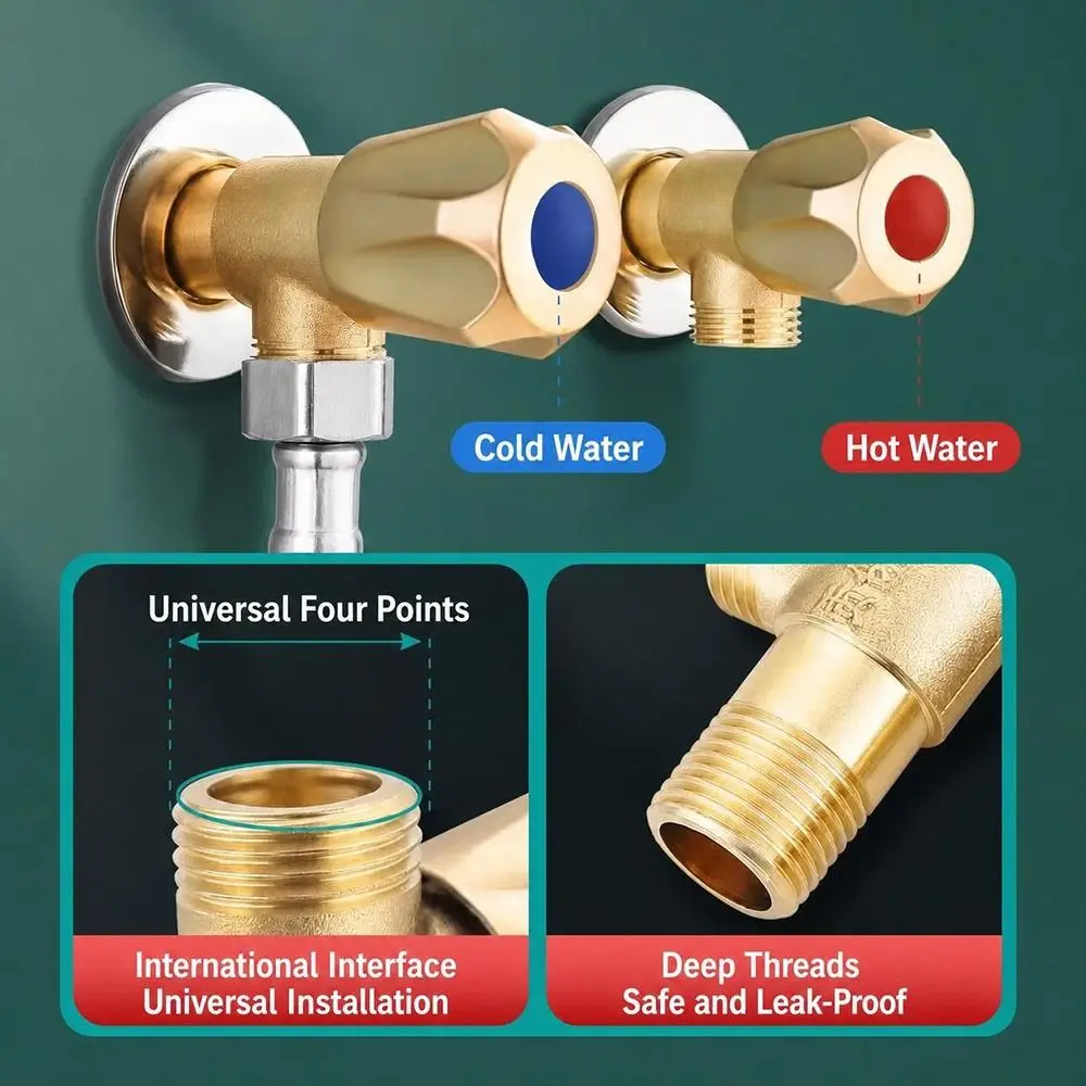 Brass Triangle Valve Color Coded Handle Quarter Turn Angle Valve One In Two Out Thickened Copper Hot Water Heater Valve