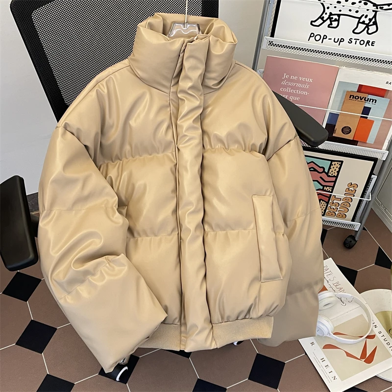 

Men's Winter Thiened PU Leather Cotton Jacket Loose Fit Stand Collar American Retro Style Warm Outerwear Coat for Teens