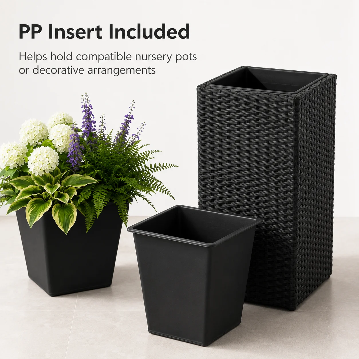 Tall Square Planter Box Black Resin Wicker Indoor Outdoor Plant Pot with PP Insert for Patio Porch Entryway Balcony Garden Decor