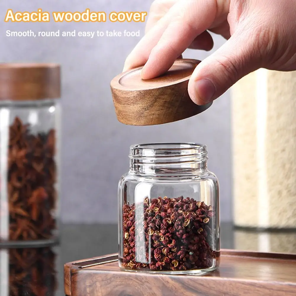 Home&Kitchen Glass With Lids Acacia Wood Storage Tank Miscellaneous Grain Split Bottle Storage Pots Spice Jars Sealed Can