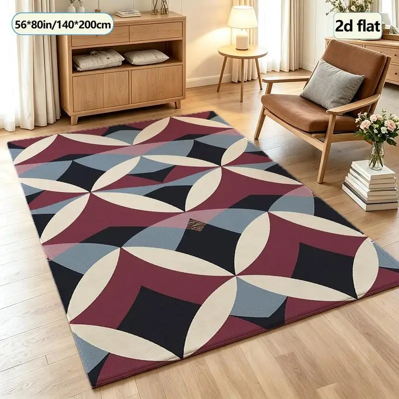 Retro Wine Red Blue Arc Geometric Pattern Carpet Soft Carpet Non-Slip Indoor Living Room Bedroom Home Decoration Floor Carpet