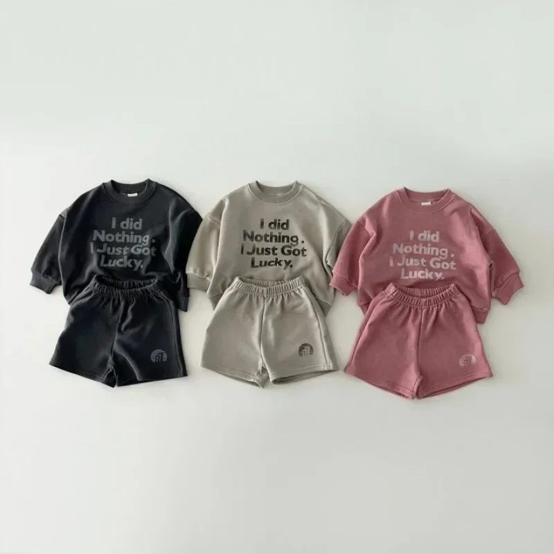 

2024 Spring New in Kids Baby Boys Casual Clothes Set 2pcs Children Letter Cotton Top Sweatshirts+shorts Toddler Clothing 6M-6Y