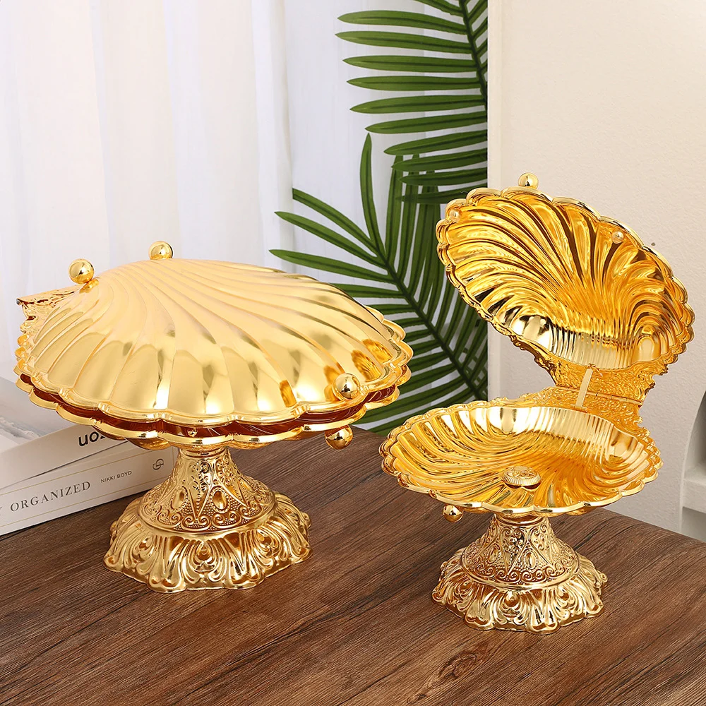 Plateau de rangement en alliage de zinc, bol à fruits sur piédestal en forme de coquille d'inspiration européenne, luxe pour dîners formels et