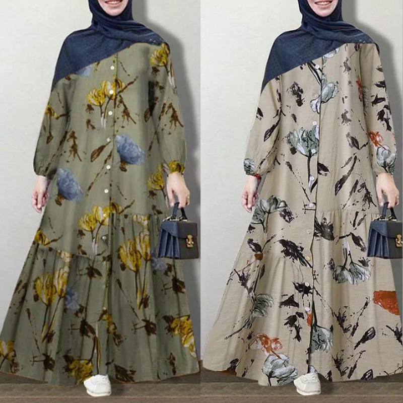 Women's Elegant Floral Muslim Dress, Turkey Abaya Hijab, Fashion Robe, Bohemain, Round Neck, Printed Sundress, Islamic Clothing