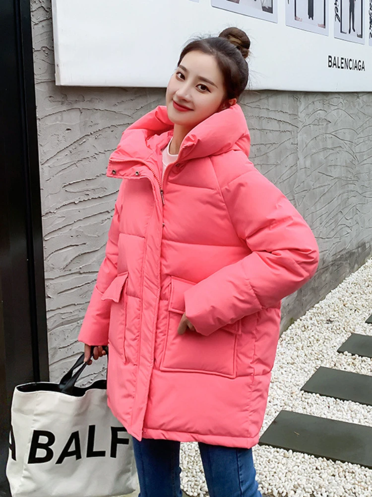 Autumn Winter Thicken Warm Medium Long Chic Parka Women Casual Sweety Solid Color Big Pocket Loose Hooded Coat Jackets Outwear