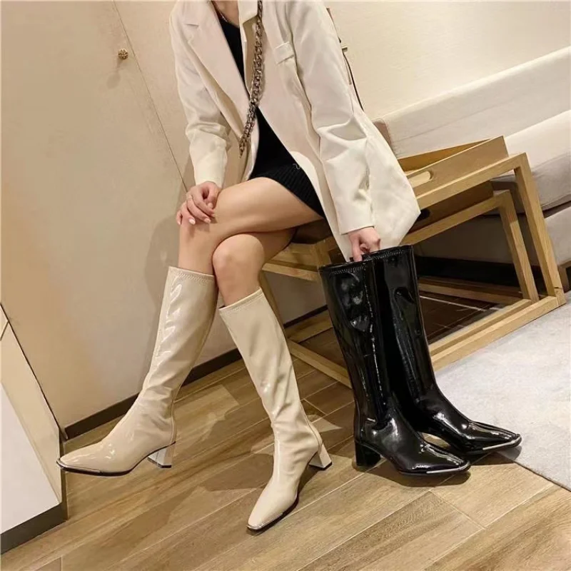 Winter Women Shoes 2022 New Korean Fashion Women Knee Length Boots Solid Patent Leather Boots Personality Square Head High Heels